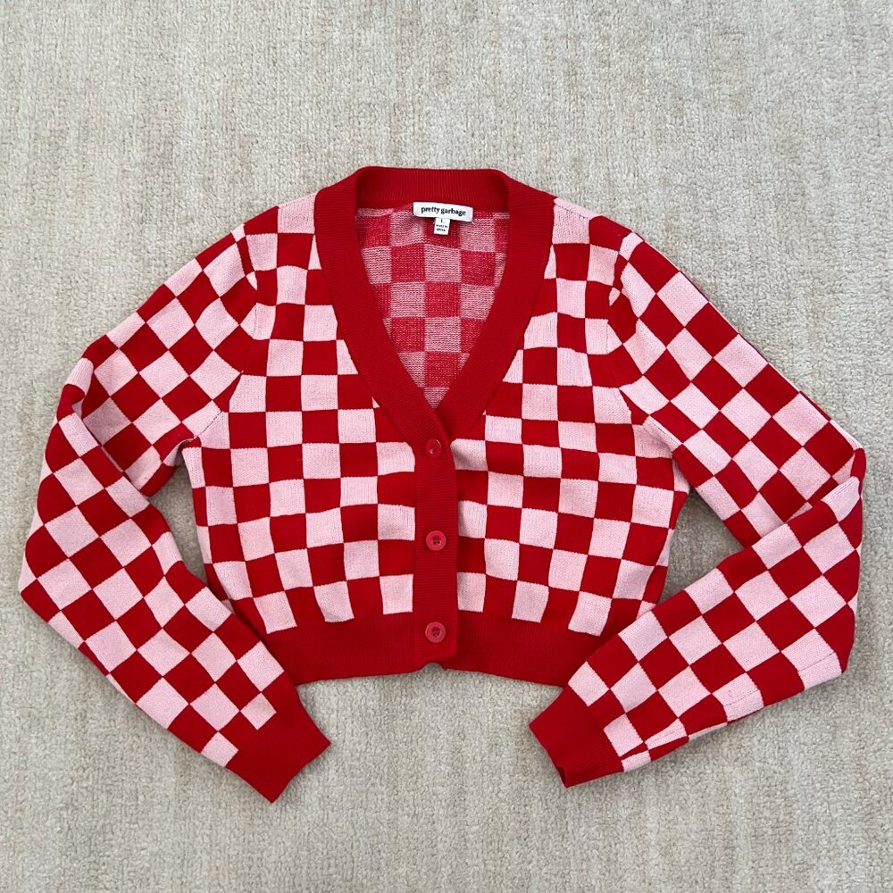 Pretty Garbage Checkered Long Sleeve Cardigan Crop Top Sweater L